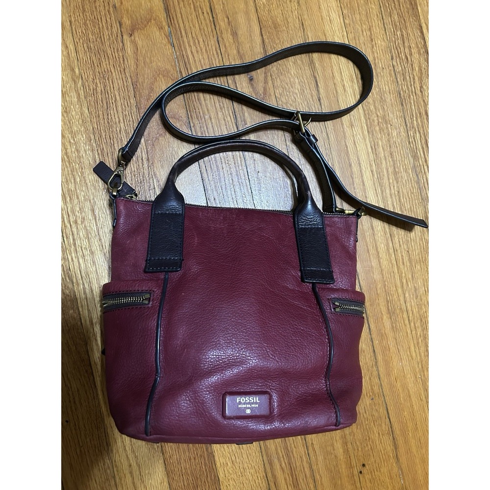 Fossil Brown Satchel Cow Hide Leather Emerson Handbag Burgundy Hardware Purse